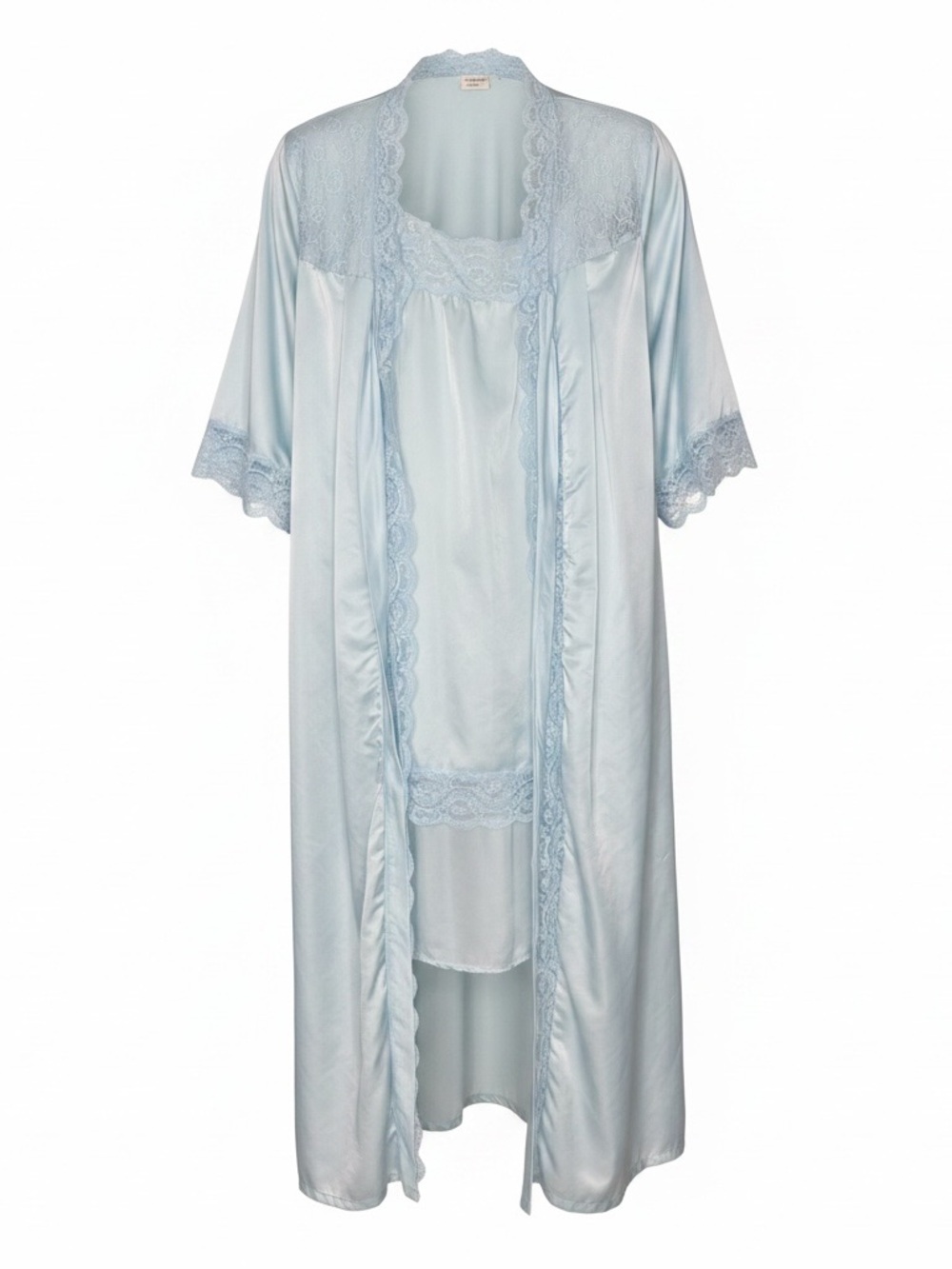 Vintage LOU Paris Ice Blue Lace Satin Robe & Gown Set – Made in France Sz 40